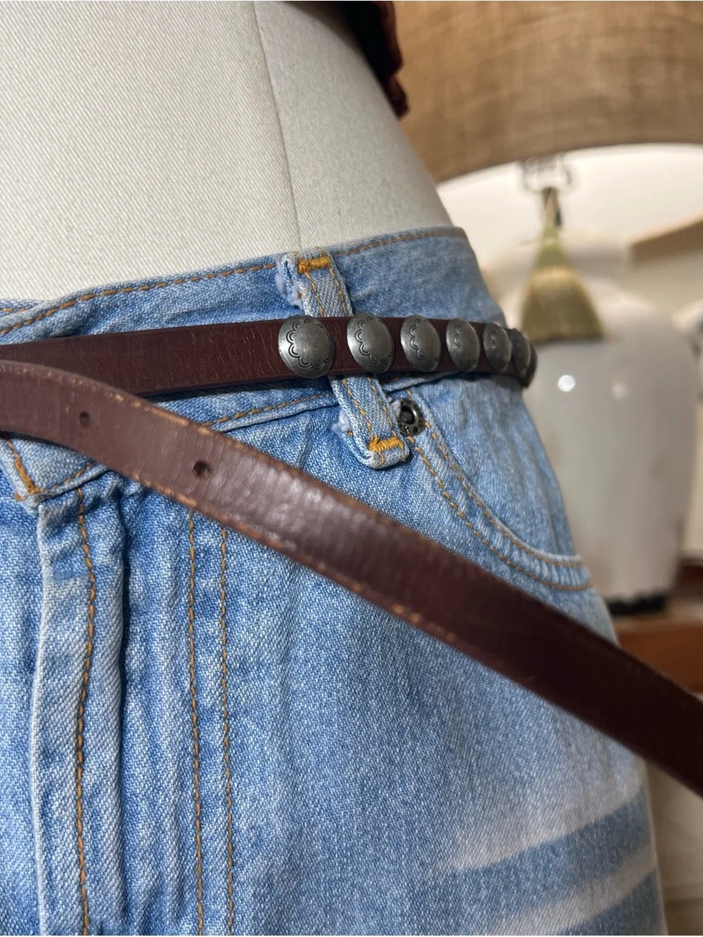 Women’s Brown Leather Studded Waist Belt - Vintage Silver Accents